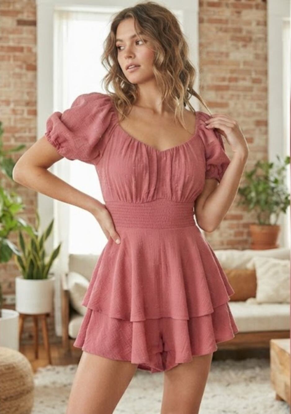 Altar'd State Pink Puff Sleeve Romper Womens Small Sweetheart Neck Ruffle